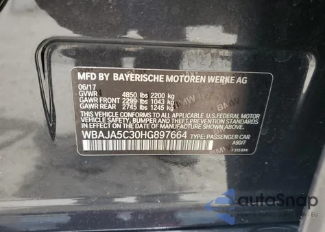 2017 BMW 530 I z USA, uszkodzony, nr VIN WBAJA5C30HG897664